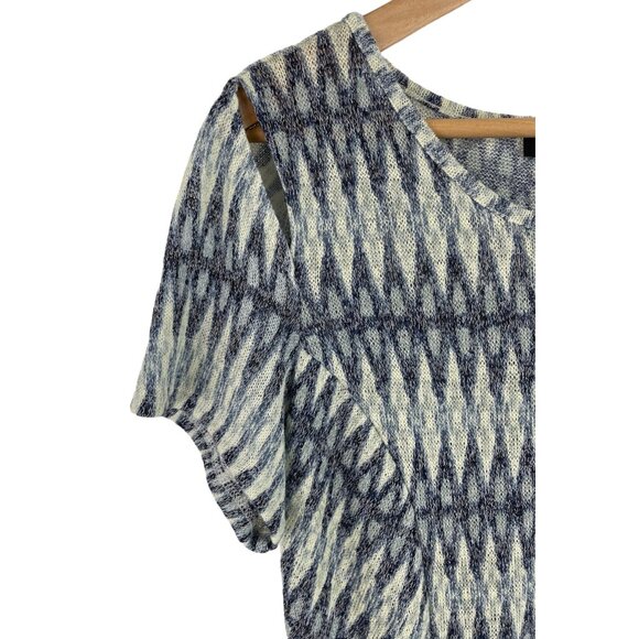 AGB Womens SIze Large Green Tan Black Geometric Print Cold Shoulder Knit Shirt - Picture 3 of 7